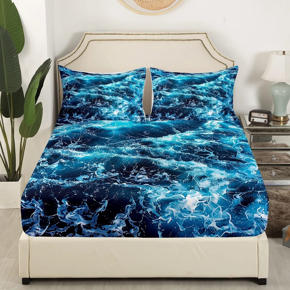 Juego de sábanas Blue Waves Ocean Sea sábanas ajustables tema de verano estampado juego de ropa de cama co... Foto 3 de 4