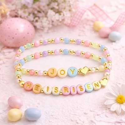 He Is Risen Joy Bracelet Set Christian Easter Pastel Gold Filled Heart