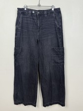 American Eagle AE Super High Rise Baggy Wide Leg Black Denim Cargo Jeans 12R