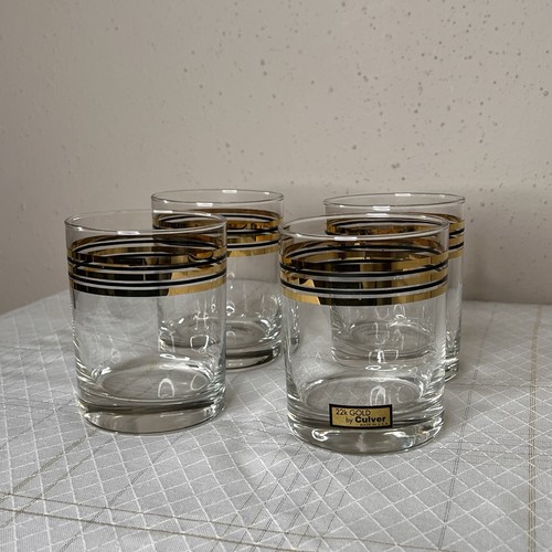 Culver MCM 3 Gold Stripe Old Fashion Low Ball/On The Rocks Bar Glasses Set Of 4 - Picture 6 of 12