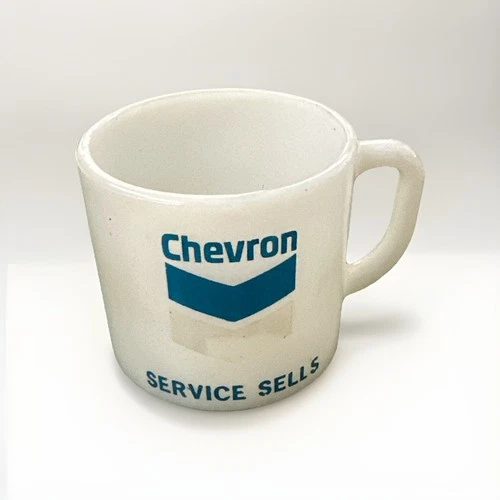 Vintage Chevron Gas Service Sells Milk Glass Cup Rare