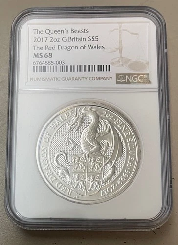 2017 Great Britain UK Queen's Beast £5 2oz silver Red Dragon of Wales NGC MS68