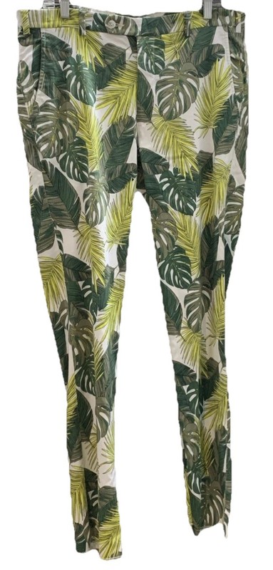 MARDANA  Men's Size 36 Designer Colorful Floral. Slim Fit Leaves Unfinished Hem