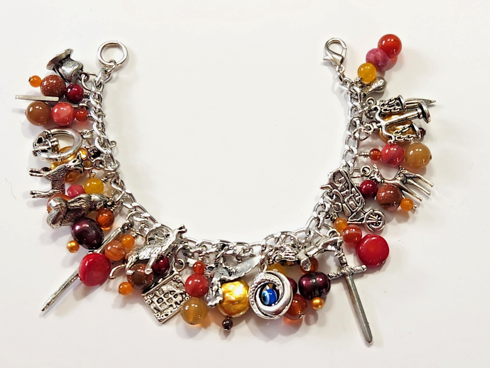 Silvertone Bracelet Multiple Dangle Charms Stone/… - image 1