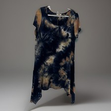 Umgee Dress Medium Tie Dye Short Sleeve Mini Tunic 100 % Cotton Blue/Beige