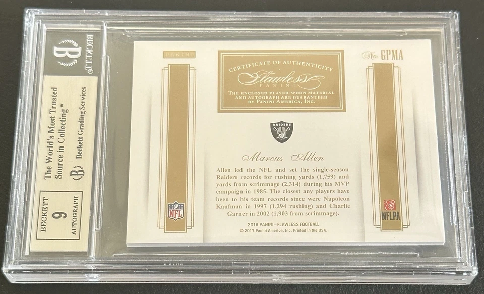 2016 Panini Flawless Marcus Allen /20 Silver Dual Patch Auto BGS 9 - Image 2 of 2