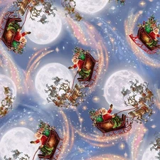 CHRISTMAS EVE BY TIMELESS TREASURES SANTA CLAUS SLEIGHS IN SKY COTTON FABRIC HY