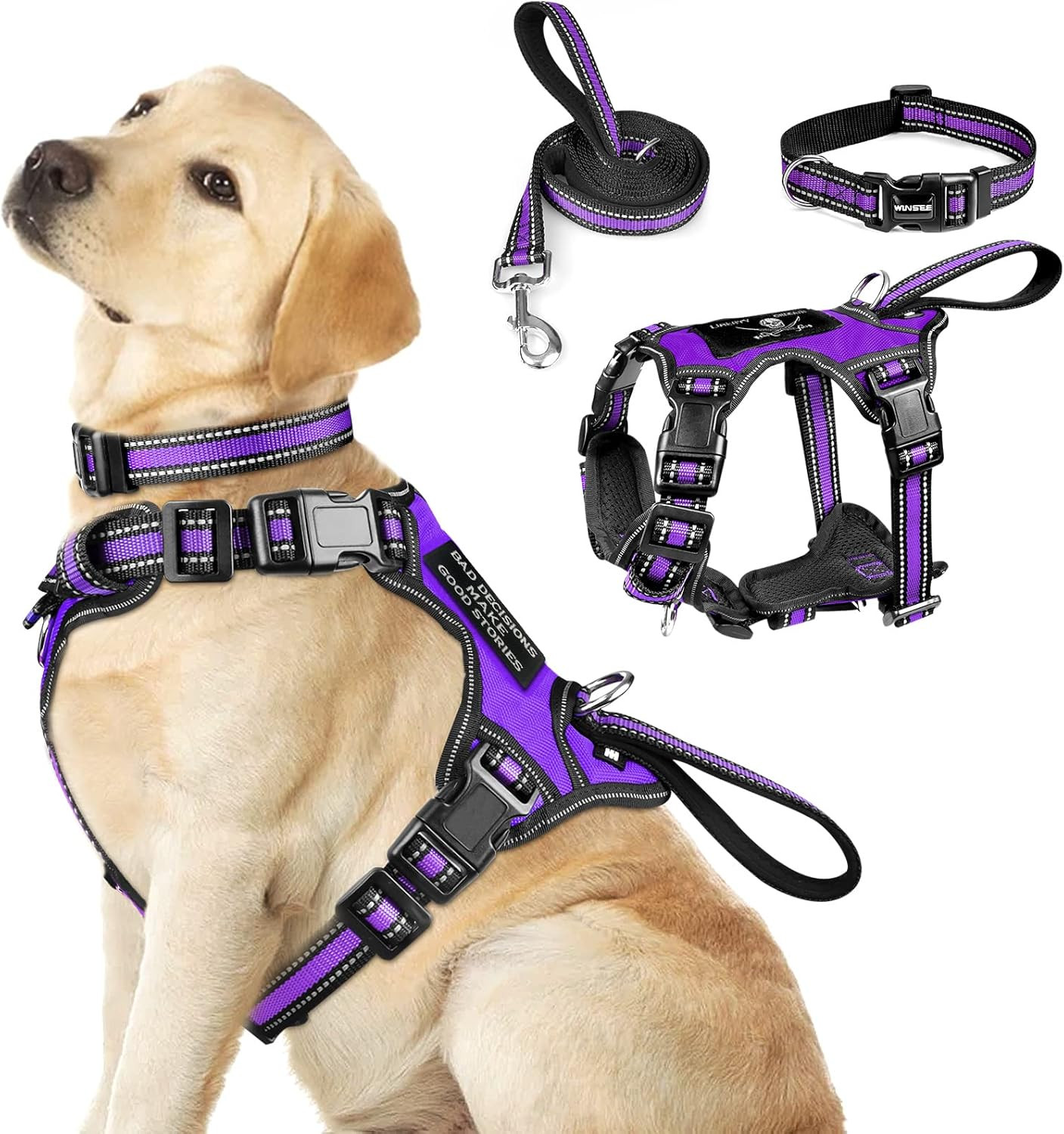 Pet Harness Collar and Leash Set, All-In-One Reflective Dog Harness No Pull with