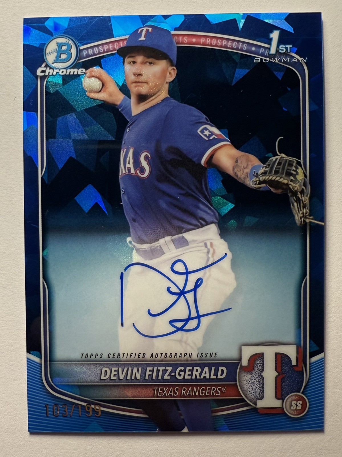 2025 Bowman Chrome Devin Fitz-Gerald Auto Sapphire #103/199 1st Rookie Rangers