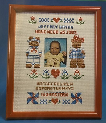 Current ''Butterfield Bear Birth Record Sampler'' Cross Stitch Kit 8'' x 10'' 