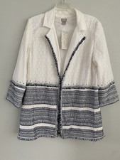 Chico's Size 2 L-12 White Blue Embellished Eyelet Topper Fringe Trim Jacket