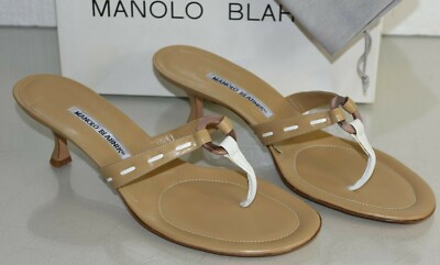 NEW Manolo Blahnik CREZA Slide Kitten Heels Thong Sandals Camel