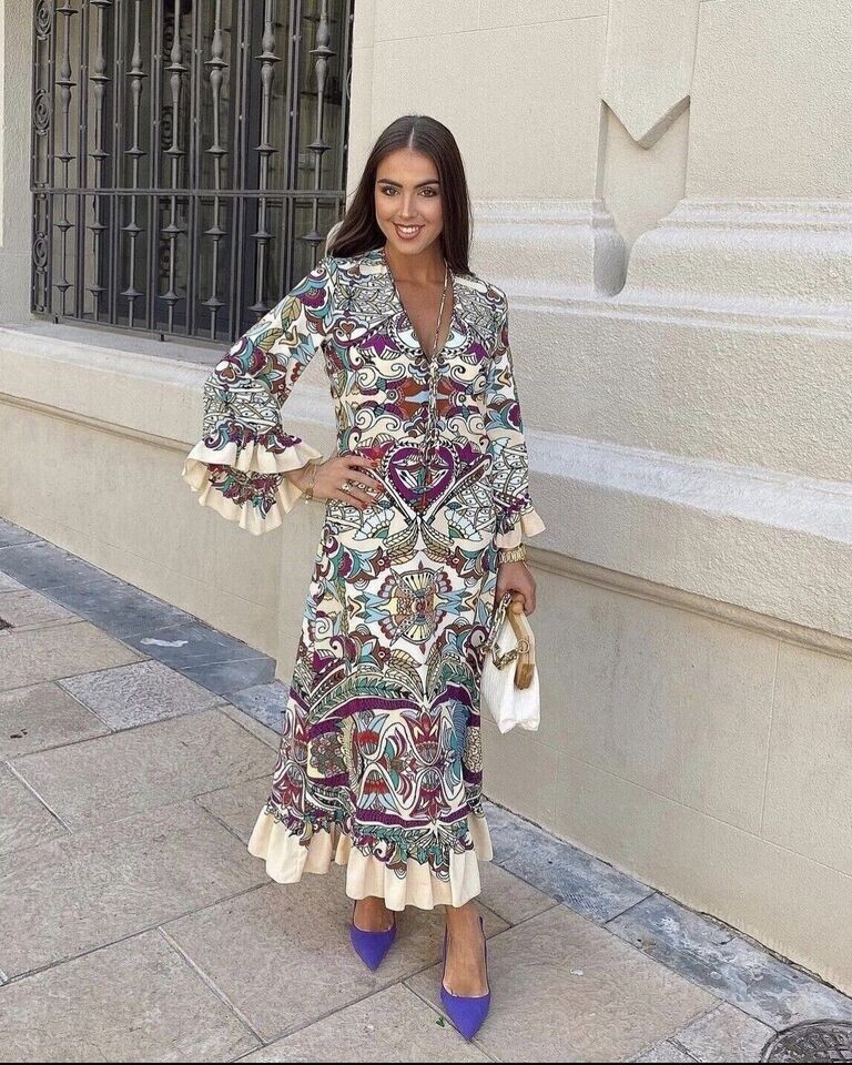 zara paisley midi dress Zara Printed Paisley Boho Colourful Midi Dress Small S Balloon Long Sheer Sleeve