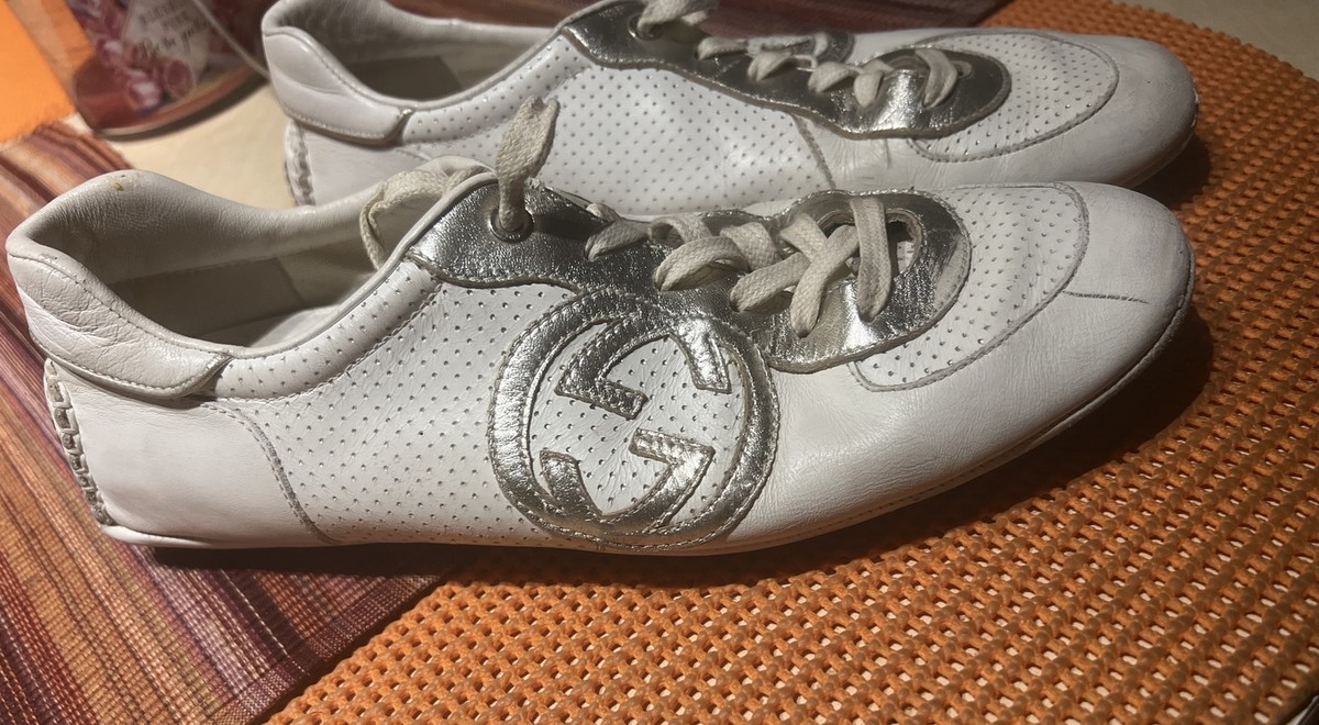 VINTAGE GUCCI LOGO LEATHER TRAINERS SNEAKERS SILVER WHITE