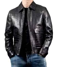 Men's Black Leather Jacket Real Crocodile Embossed Biker Alligator Print Jacket
