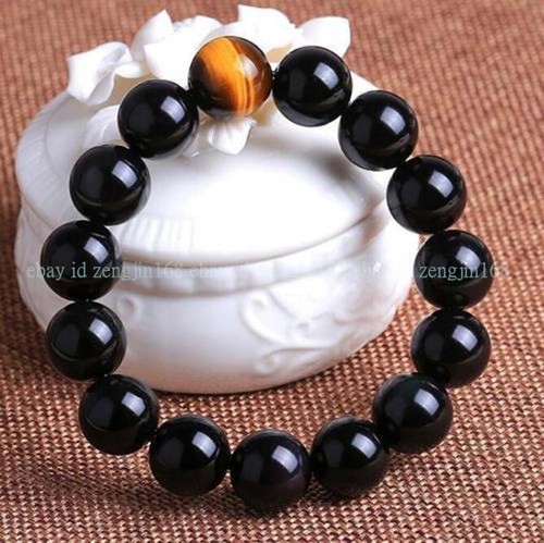 10mm Natural Black Agate & Yellow Tiger Eye Round Gemstone Beads Bracelet 7.5" - Picture 12 of 12