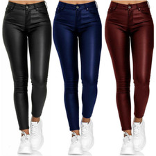 Women Ladies Wet Look Leather Skinny High Waist Pants Leggings Stretch Trousers
