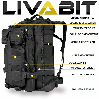 LIVABIT SOS Bug Out 3 Day Backpack First Aid Kit Emergency Survival Gear Black 638029771641 - Foto 2