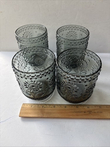 Vintage Botanist Drinking Glass Set 4 Floral Embossed Smokey Gray - Picture 15 of 17
