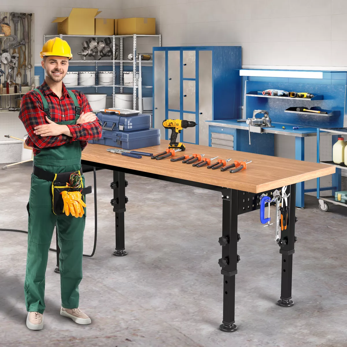 Height adjustable work bench outlet