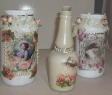 Shabby Chic upcycle Jars Victorian Powder Room Fairy Flowers Rose Decor 3 pc Set