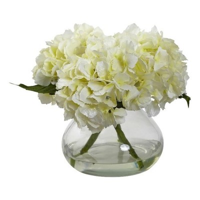 Nearly Natural Blooming Hydrangea with Decorative Vase in Natural/Clear