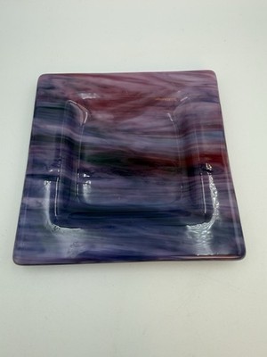 Fused Glass Trinket Dish Cranberry, Pink, Purple Swirl  6  Signed