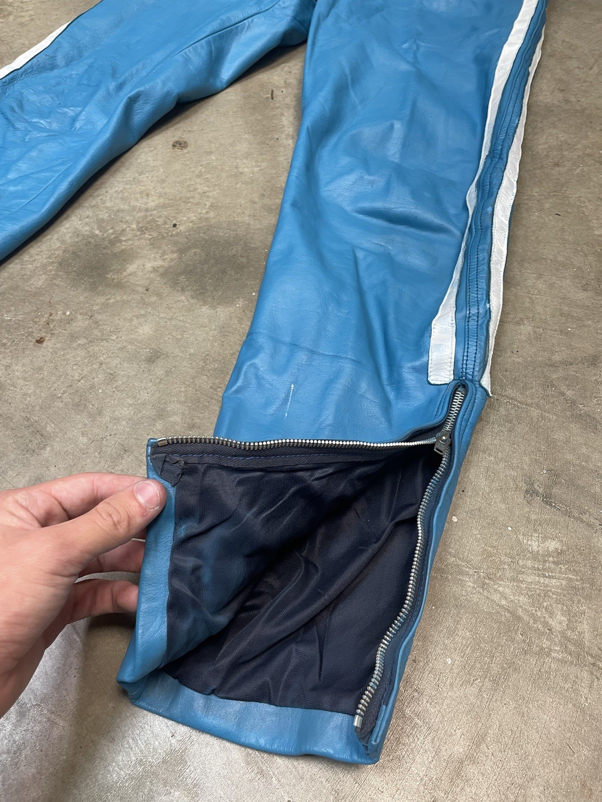 70s blue striped Lewis Leathers Aviakit One Piece Racing Suit. Made in England.