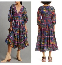 Farm Rio Midi Dress - Animal Utopia- Multicolor Puff Sleeve - Small