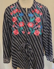 Navy Floral Embroidered Cotton Kimono Jacket Boho Tie-Front Layering Top