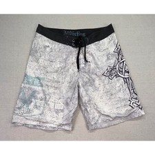 Affliction Mens 36 Board Shorts Gray Gothic Graphic Cross Swim Trunks