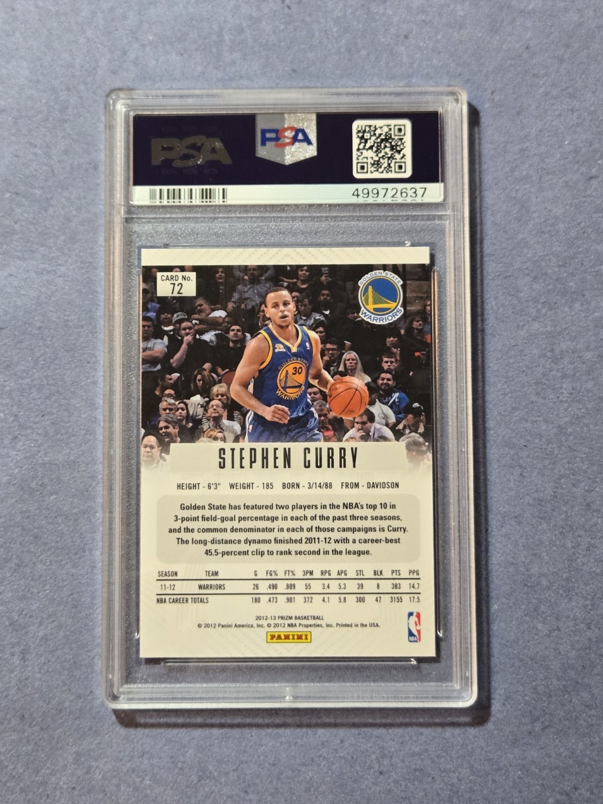 PSA 9 Stephen Curry 2012 Prizm #72 Base | Warriors MINT 1st Year Prizm Steph view 2
