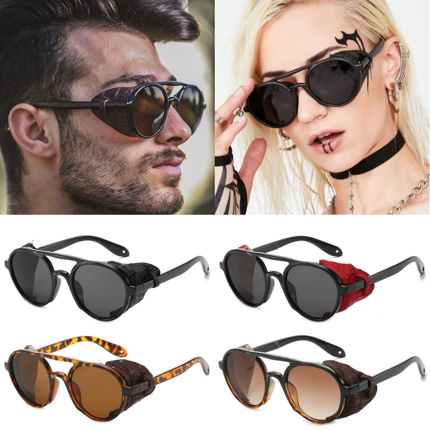 Men's Steampunk Sunglasses With Leather Side Shields Round