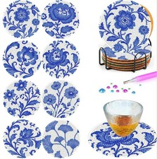 8PCS Flowers Diamond Art Coasters Kits with Holder, DIY Blue Flower Diamond Pa..
