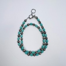 Faceted Faux Turquoise Silver Tone Beaded Chunky Necklace Western Ethnic 36"