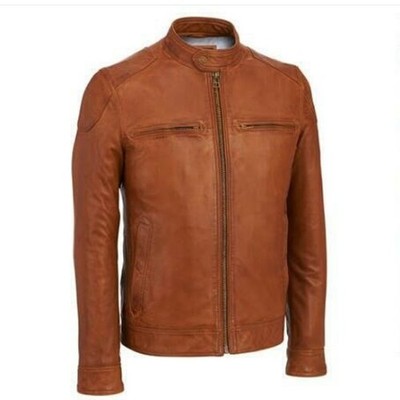 Men s Premium Genuine Brown Leather Cafe Racer Moto Motrcycle Biker Style Jacket