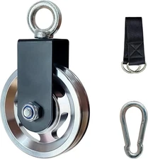 Exercise Equipment Cable Pulley with Hanging Strap and Carabiner, Silver 