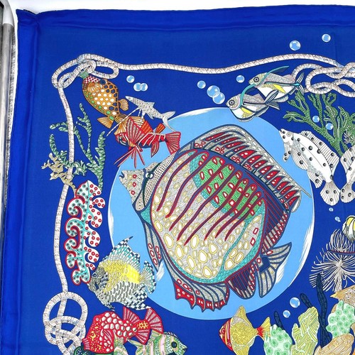 Bufanda de seda HERMES Grands Fonds 90 cm azul diseño artístico para mujer - Imagen 4 de 10