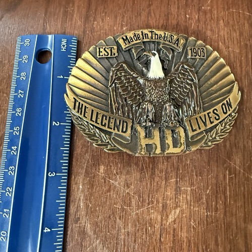 Vtg 70s Harley Davidson USA The Legend Lives On Brass Belt Buckle Raintree 1978 - Picture 11 of 13