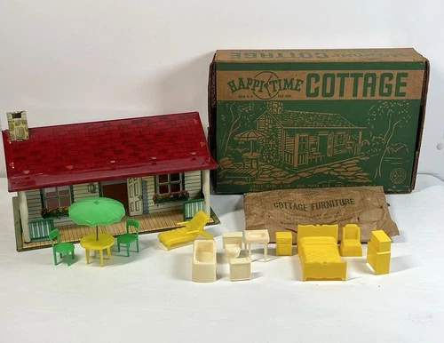 Vintage Marx Tin Farm House Cabin  Bungalow  Cottage In Box W/ Accessories