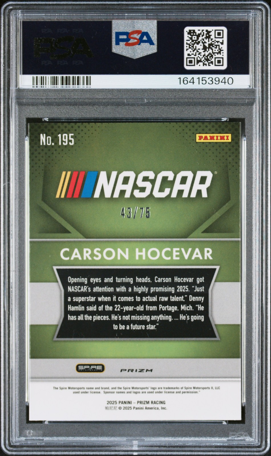 2025 PANINI PRIZM NASCAR CHECKERED FLAG #195 CARSON HOCEVAR 43/75 PSA 10 view 2