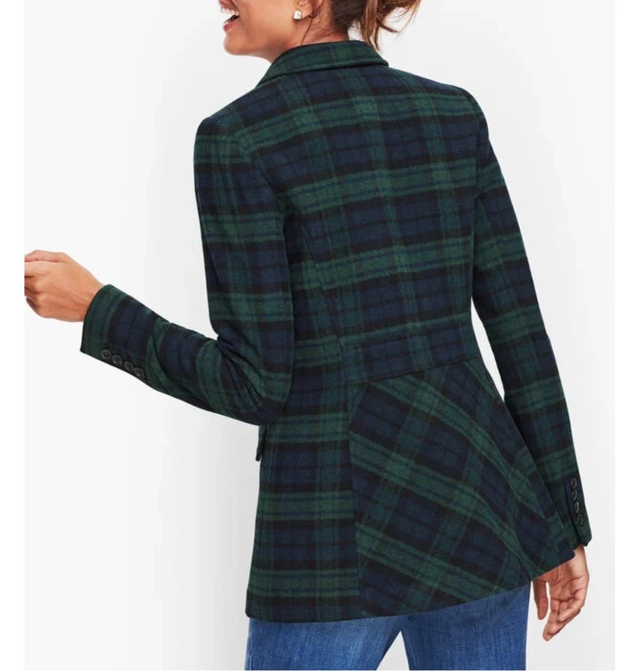 Talbots 6P Green Black Watch Tartan Plaid Long Wool Blend Blazer Jacket NEW - Image 3 of 4