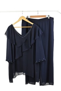 Lizabella Women's Outfit UK 22 Navy Blue Beaded Top & Trousers Ruffle Design Set
