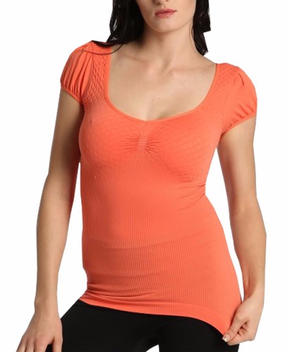 Mujeres Corte Bajo Escote Mangas Cortas Camiseta Pucker Costilla Alta Camiseta - Imagen 20 de 28