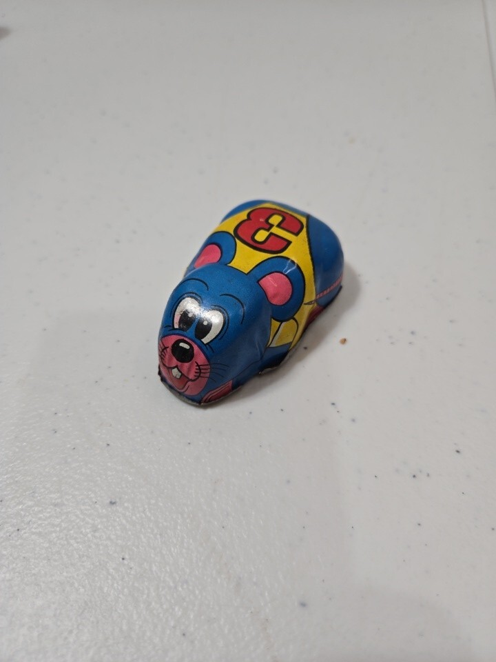 Vintage Yone Tin Friction Toy Mouse Number 3 Made in Japan Blue Race Car Metal