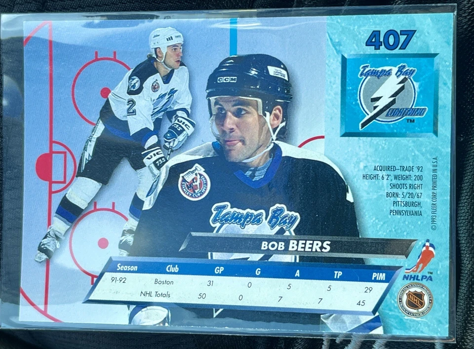 1992-93 Fleer Ultra Hockey Card #407 Bob Beers Tampa Bay Lightning Defense 🏒 - Image 2 of 2