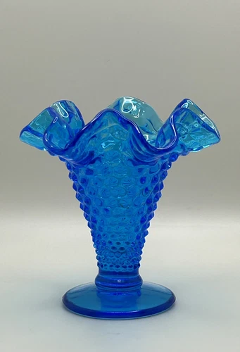 FENTON GLASS Vase Colonial Blue Mini Hobnail Ruffled Edge Crimped  Trumpet 4”