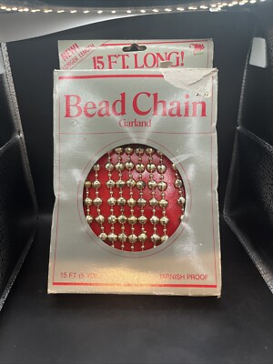 Christmas Vintage Bead Chain Garland Gold Tree Trimmings 15 feet - Unused NOS
