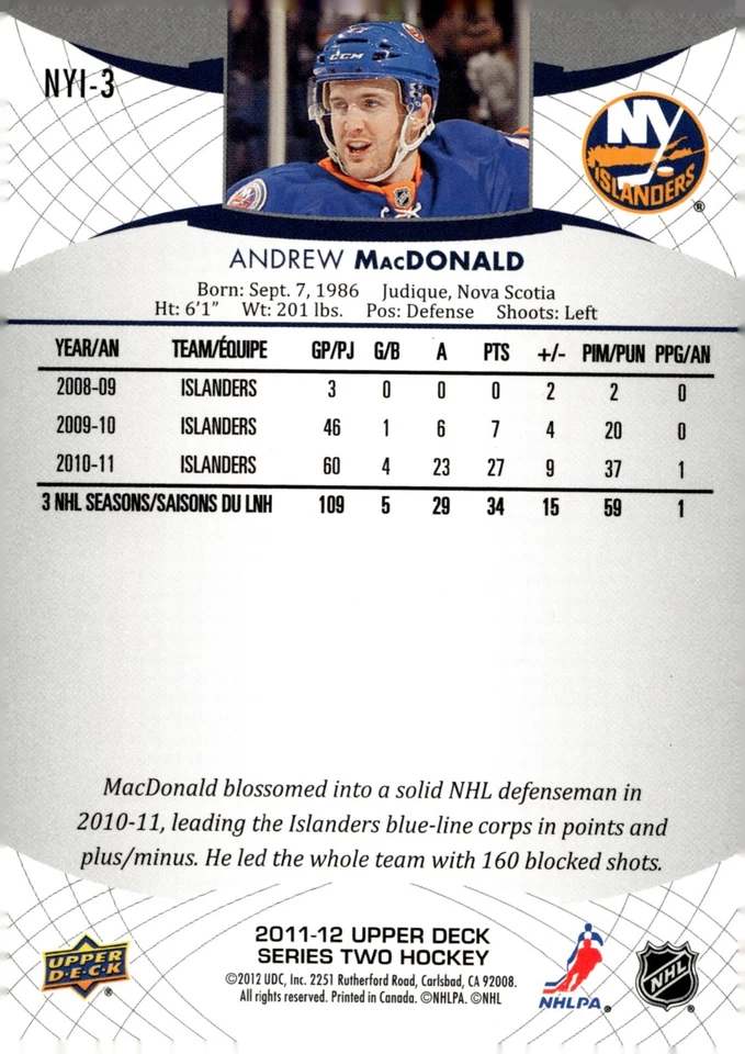 Andrew MacDonald - Signed 2011-12 Upper Deck Series 2 Arena Card #NYI-3 - Image 2 of 2