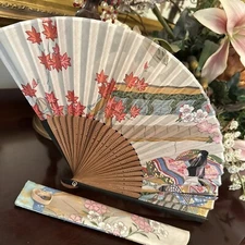 Silk Folding Bamboo Fan Pattern Hand Held Tassel Dance Home Decoration Ornament